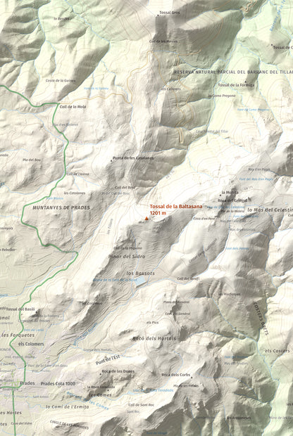 Mapa de relieve de Tossal de la Baltasana, 1201 m, Baix Camp · Conca de Barberà, lámina 100 Cims de Trobart. Detalle de la zona central. 61 × 91 cm.