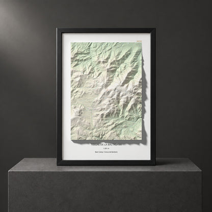 Mapa de relieve de Tossal de la Baltasana, 1201 m, Baix Camp · Conca de Barberà, lámina 100 Cims de Trobart. Presentación enmarcada. 70 × 100 cm.