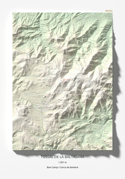 Mapa de relieve de Tossal de la Baltasana, 1201 m, Baix Camp · Conca de Barberà, lámina 100 Cims de Trobart 70 × 100 cm.