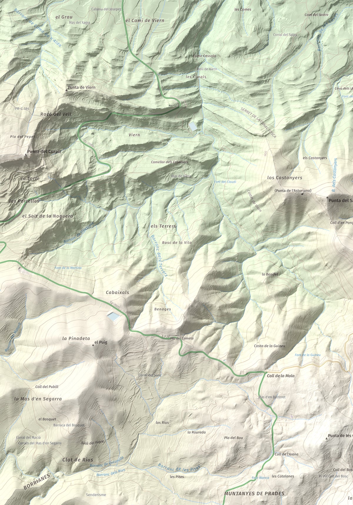Mapa de relieve de Tossal de la Baltasana, 1201 m, Baix Camp · Conca de Barberà, lámina 100 Cims de Trobart. Detalle de la zona superior izquierda. 70 × 100 cm.