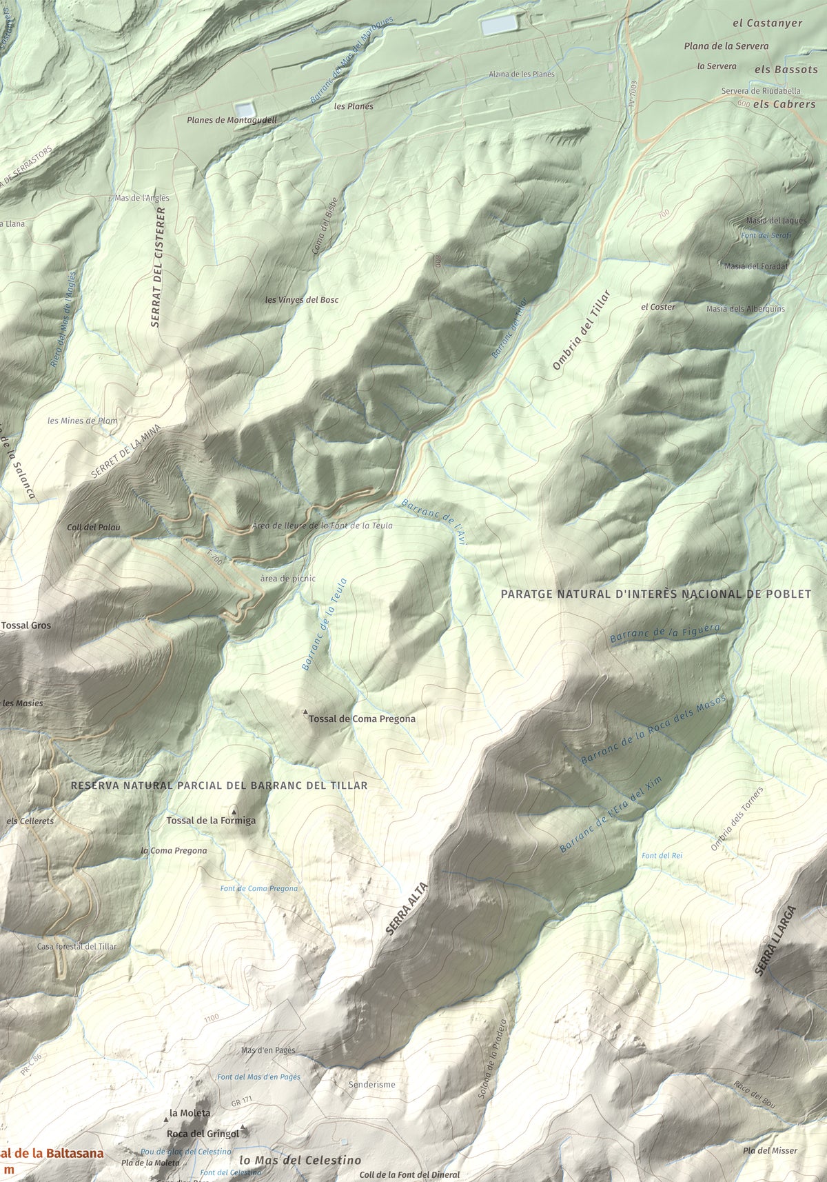 Mapa de relieve de Tossal de la Baltasana, 1201 m, Baix Camp · Conca de Barberà, lámina 100 Cims de Trobart. Detalle de la zona superior derecha. 70 × 100 cm.