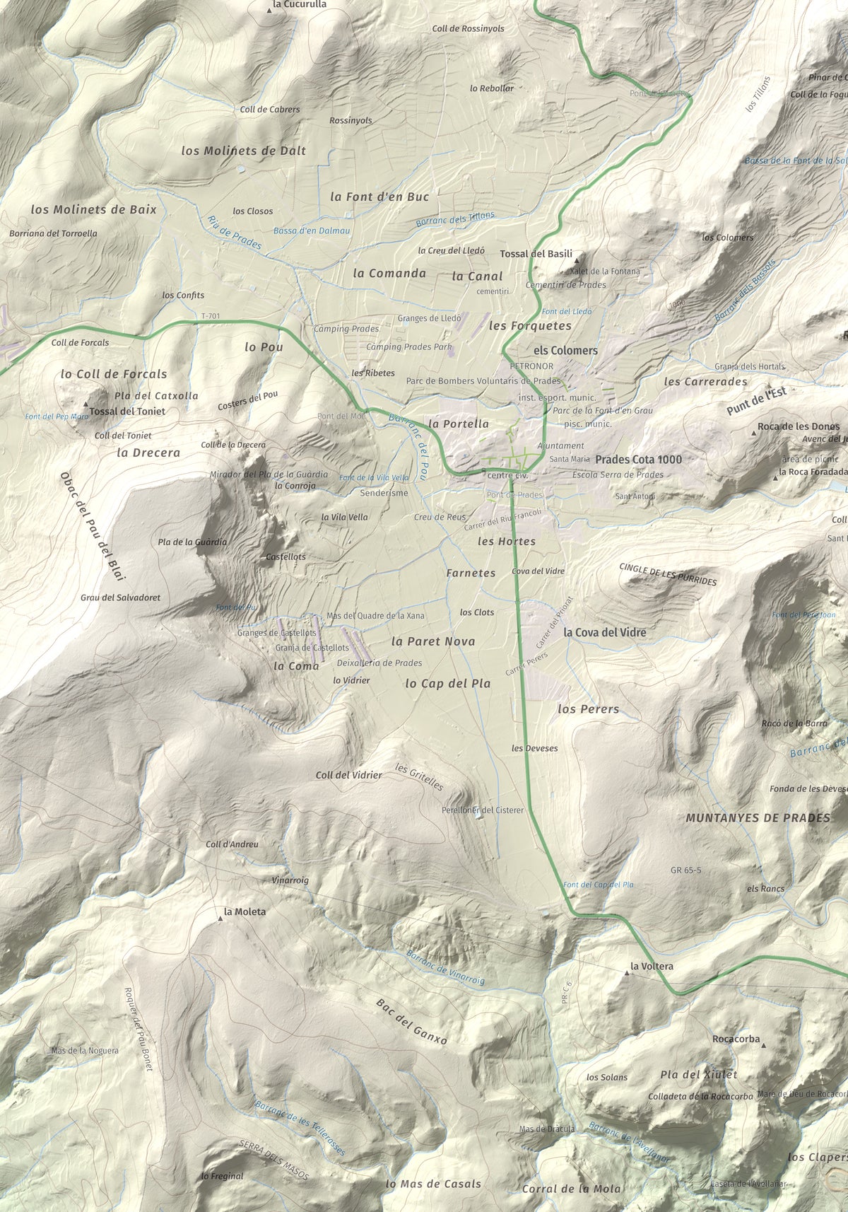 Mapa de relieve de Tossal de la Baltasana, 1201 m, Baix Camp · Conca de Barberà, lámina 100 Cims de Trobart. Detalle de la zona inferior izquierda. 70 × 100 cm.
