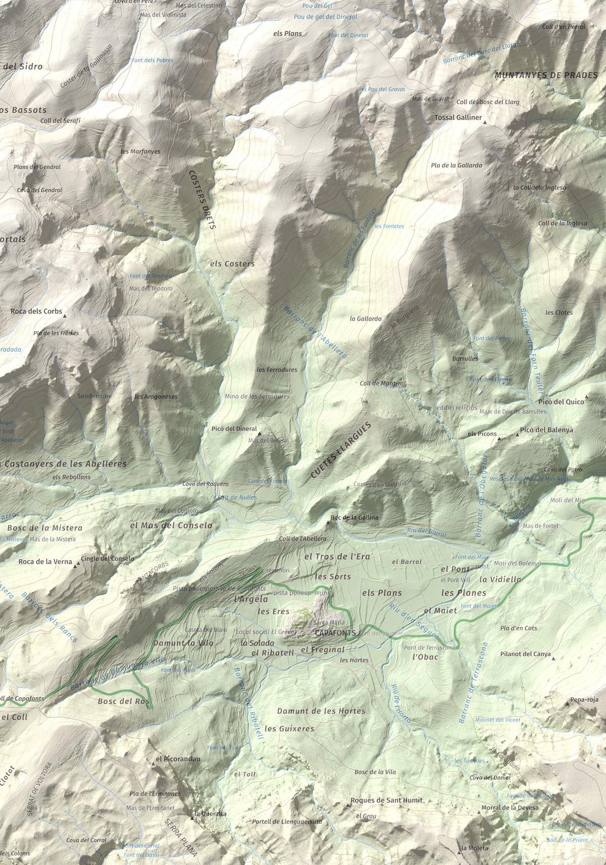 Mapa de relieve de Tossal de la Baltasana, 1201 m, Baix Camp · Conca de Barberà, lámina 100 Cims de Trobart. Detalle de la zona inferior derecha. 70 × 100 cm.