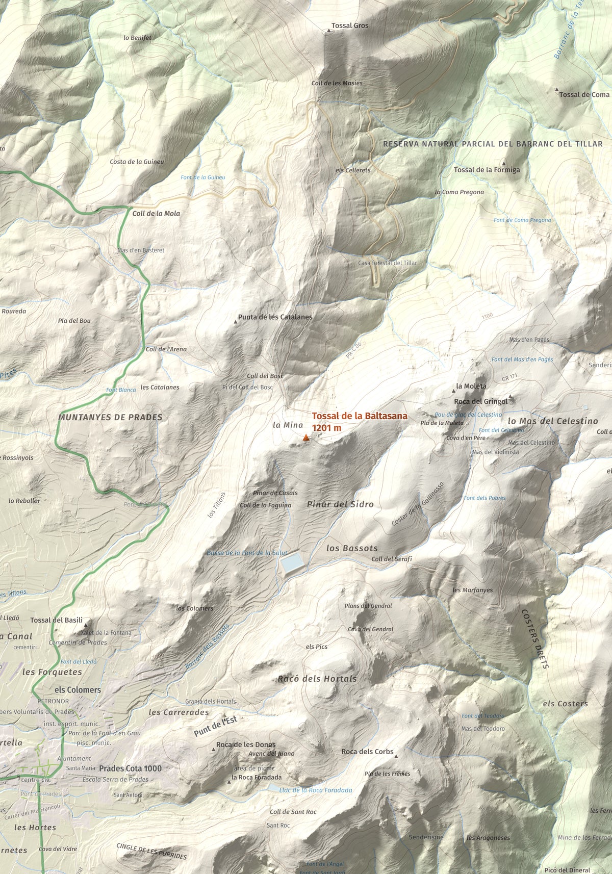 Mapa de relieve de Tossal de la Baltasana, 1201 m, Baix Camp · Conca de Barberà, lámina 100 Cims de Trobart. Detalle de la zona central. 70 × 100 cm.