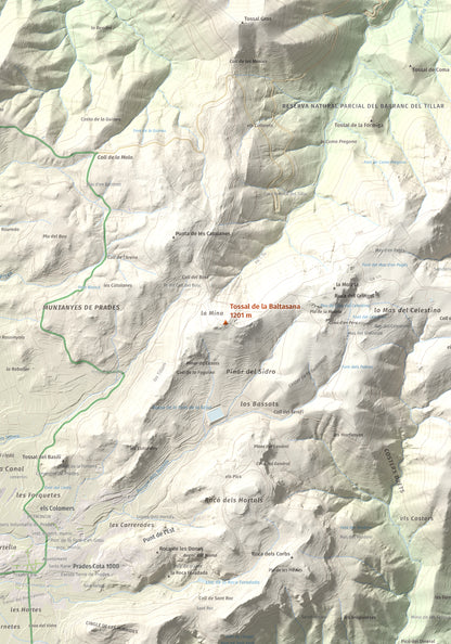 Mapa de relieve de Tossal de la Baltasana, 1201 m, Baix Camp · Conca de Barberà, lámina 100 Cims de Trobart. Detalle de la zona central. 70 × 100 cm.