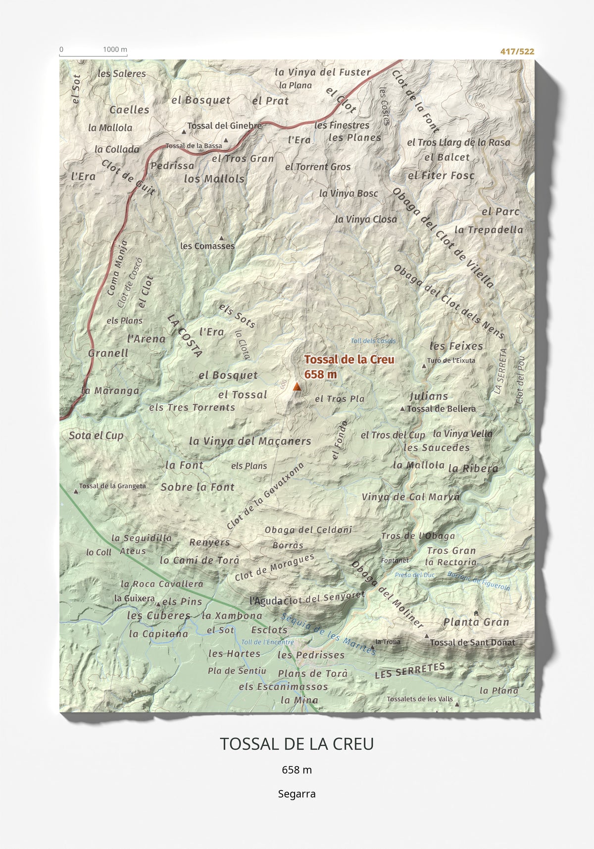 Mapa de relieve de Tossal de la Creu, 658 m, Segarra, lámina 100 Cims de Trobart 21 × 30 cm.