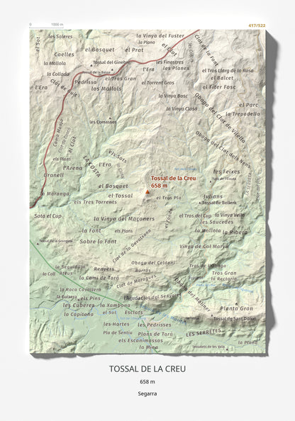 Mapa de relieve de Tossal de la Creu, 658 m, Segarra, lámina 100 Cims de Trobart 21 × 30 cm.