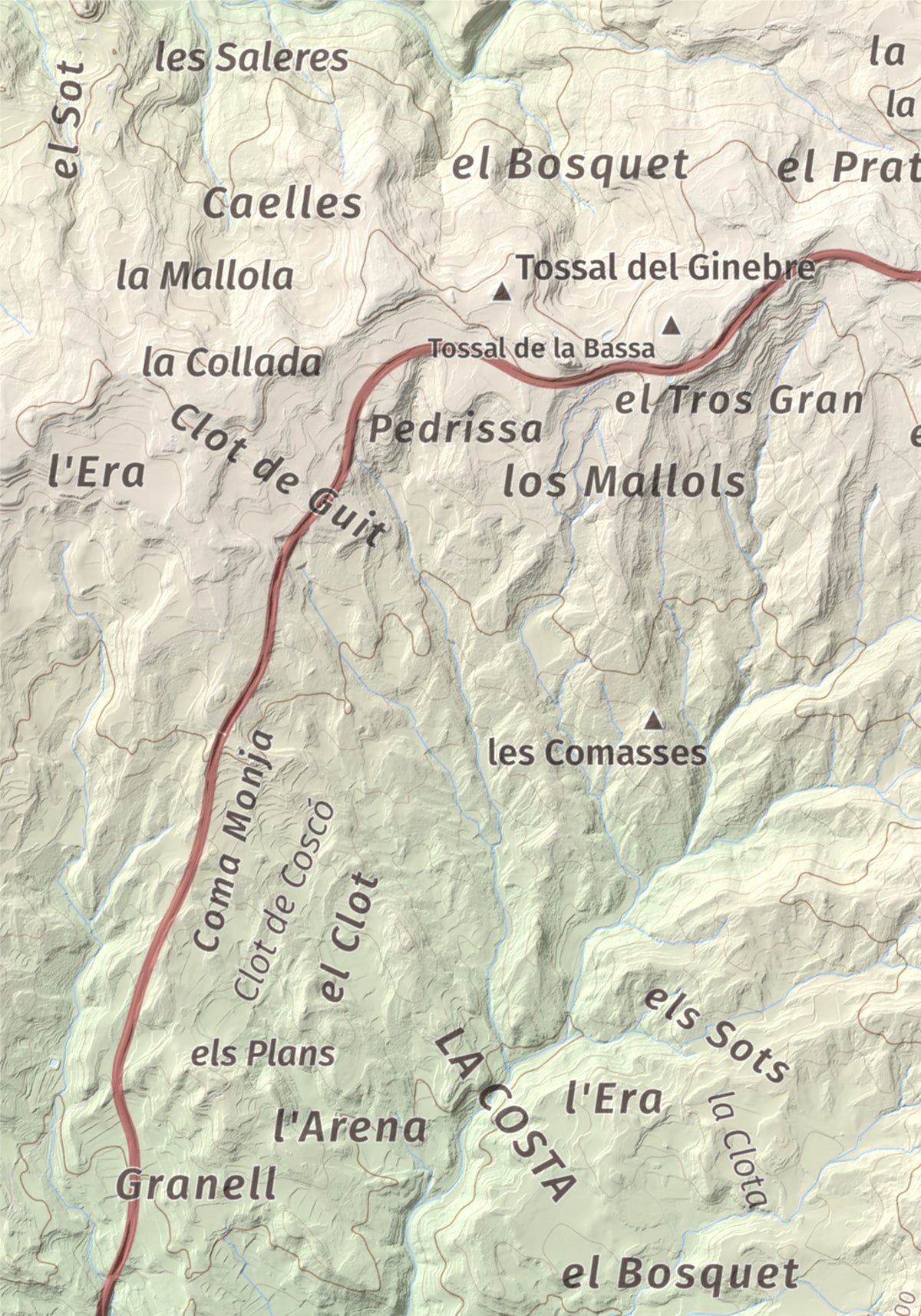 Mapa de relieve de Tossal de la Creu, 658 m, Segarra, lámina 100 Cims de Trobart. Detalle de la zona superior izquierda. 21 × 30 cm.