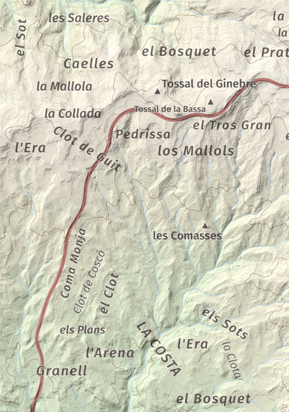 Mapa de relieve de Tossal de la Creu, 658 m, Segarra, lámina 100 Cims de Trobart. Detalle de la zona superior izquierda. 21 × 30 cm.