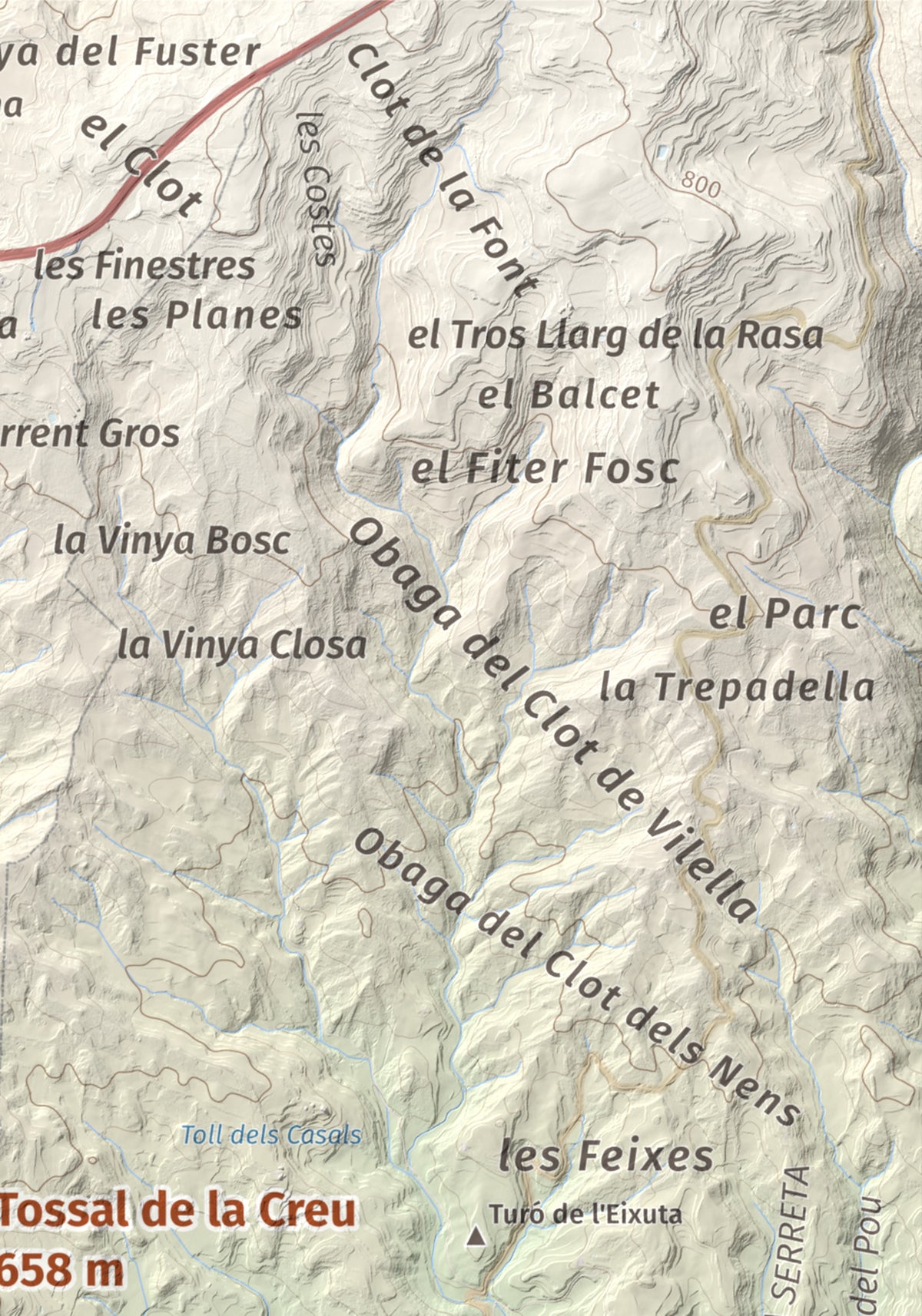 Mapa de relieve de Tossal de la Creu, 658 m, Segarra, lámina 100 Cims de Trobart. Detalle de la zona superior derecha. 21 × 30 cm.