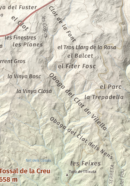 Mapa de relieve de Tossal de la Creu, 658 m, Segarra, lámina 100 Cims de Trobart. Detalle de la zona superior derecha. 21 × 30 cm.