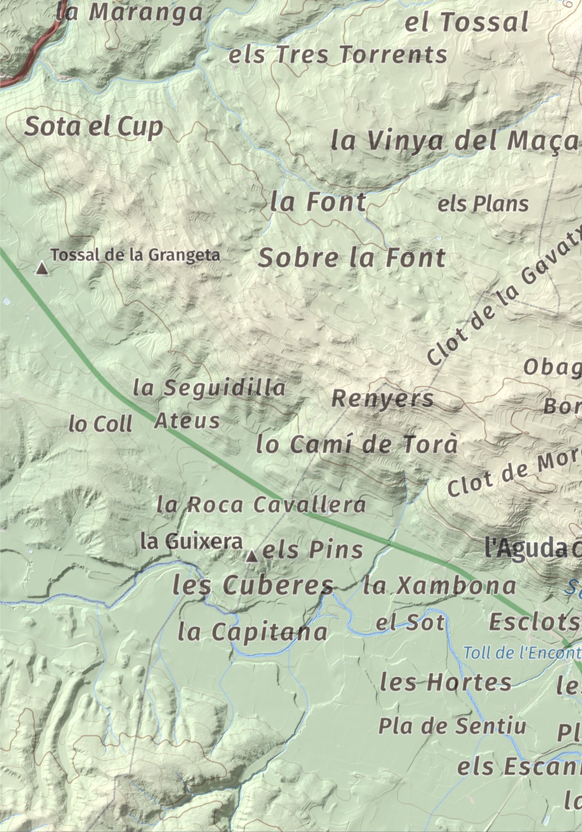 Mapa de relieve de Tossal de la Creu, 658 m, Segarra, lámina 100 Cims de Trobart. Detalle de la zona inferior izquierda. 21 × 30 cm.