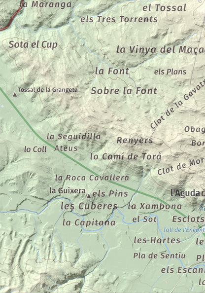 Mapa de relieve de Tossal de la Creu, 658 m, Segarra, lámina 100 Cims de Trobart. Detalle de la zona inferior izquierda. 21 × 30 cm.