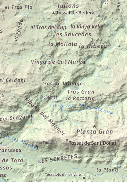 Mapa de relieve de Tossal de la Creu, 658 m, Segarra, lámina 100 Cims de Trobart. Detalle de la zona inferior derecha. 21 × 30 cm.