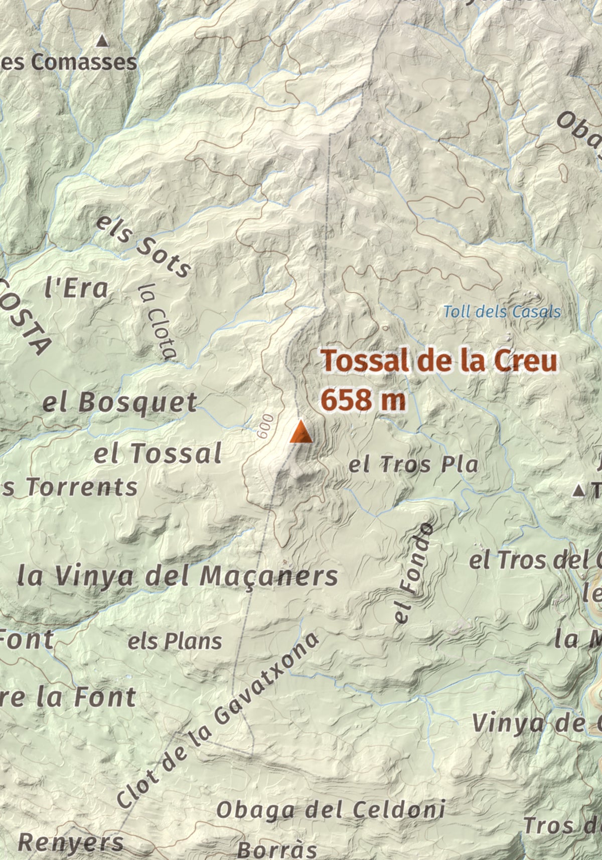 Mapa de relieve de Tossal de la Creu, 658 m, Segarra, lámina 100 Cims de Trobart. Detalle de la zona central. 21 × 30 cm.