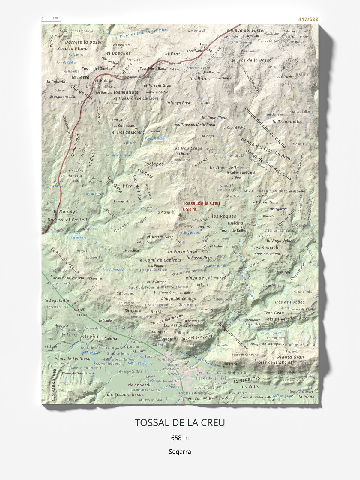 Mapa de relieve de Tossal de la Creu, 658 m, Segarra, lámina 100 Cims de Trobart 30 × 40 cm.