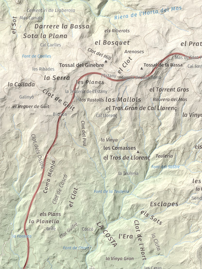 Mapa de relieve de Tossal de la Creu, 658 m, Segarra, lámina 100 Cims de Trobart. Detalle de la zona superior izquierda. 30 × 40 cm.