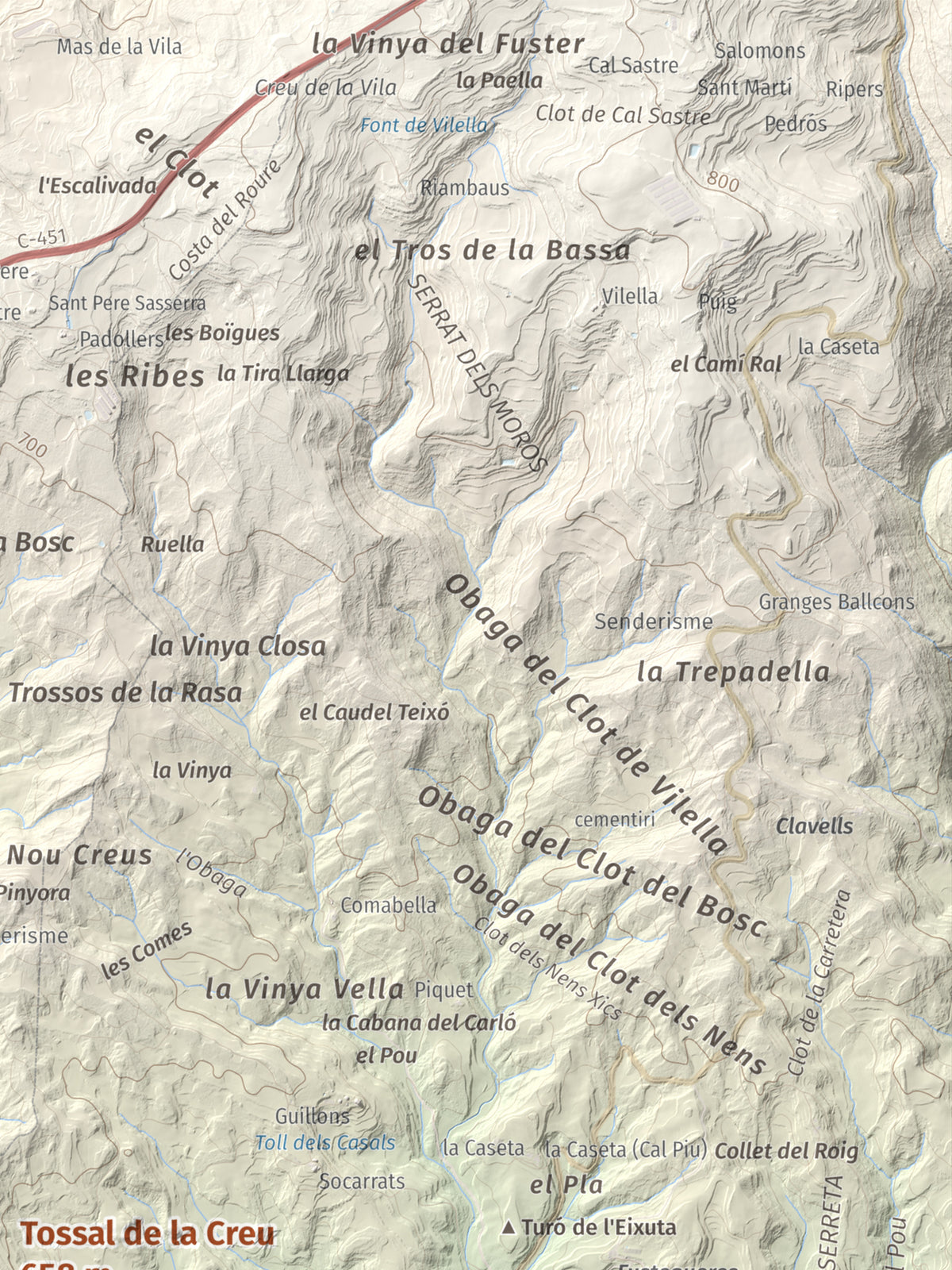 Mapa de relieve de Tossal de la Creu, 658 m, Segarra, lámina 100 Cims de Trobart. Detalle de la zona superior derecha. 30 × 40 cm.