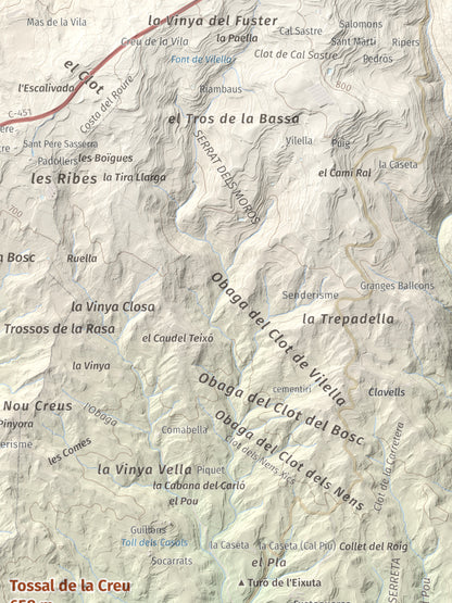 Mapa de relieve de Tossal de la Creu, 658 m, Segarra, lámina 100 Cims de Trobart. Detalle de la zona superior derecha. 30 × 40 cm.