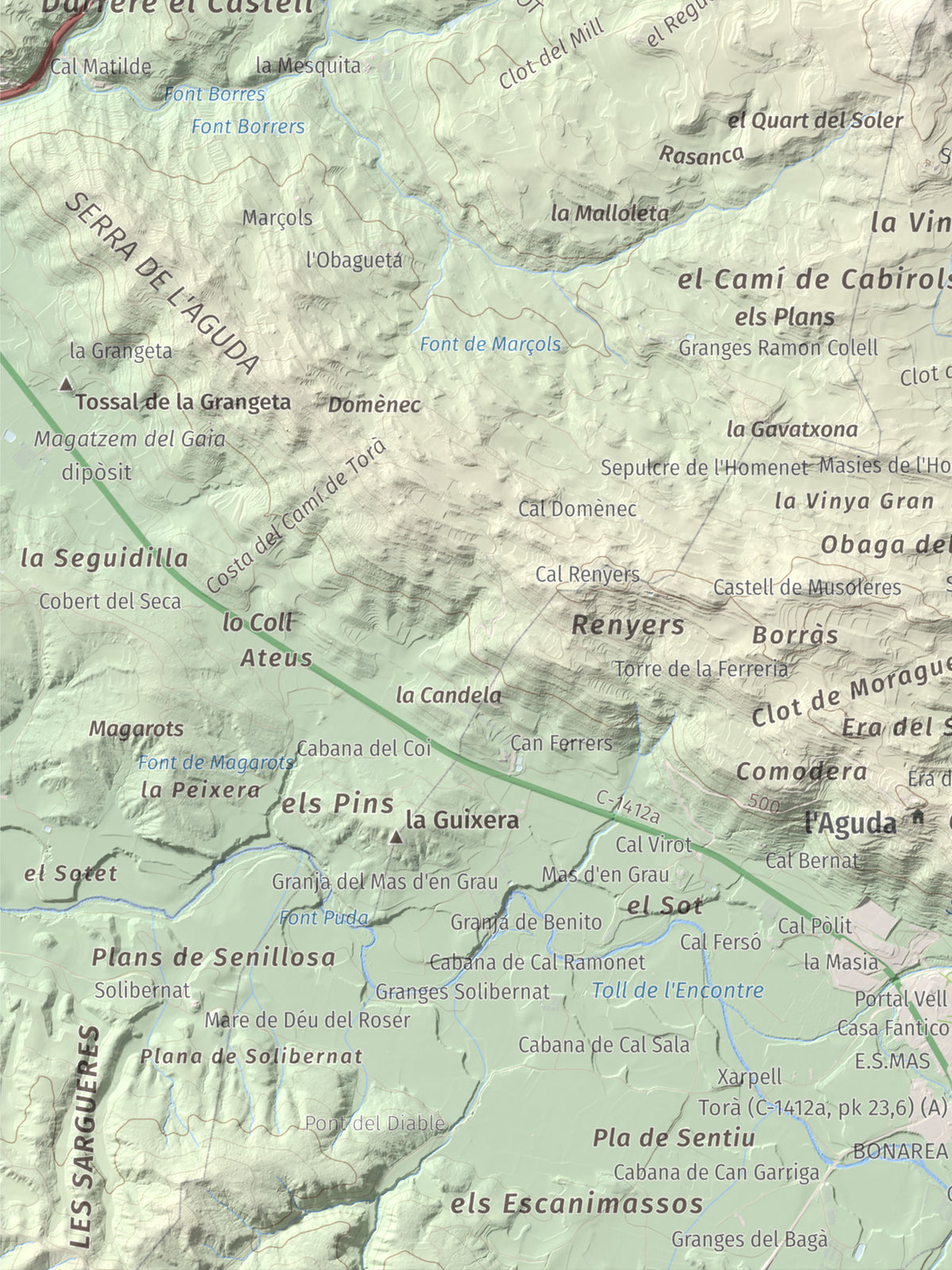 Mapa de relieve de Tossal de la Creu, 658 m, Segarra, lámina 100 Cims de Trobart. Detalle de la zona inferior izquierda. 30 × 40 cm.