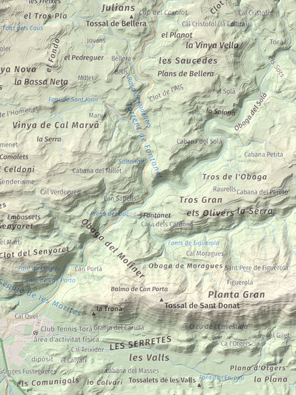 Mapa de relieve de Tossal de la Creu, 658 m, Segarra, lámina 100 Cims de Trobart. Detalle de la zona inferior derecha. 30 × 40 cm.