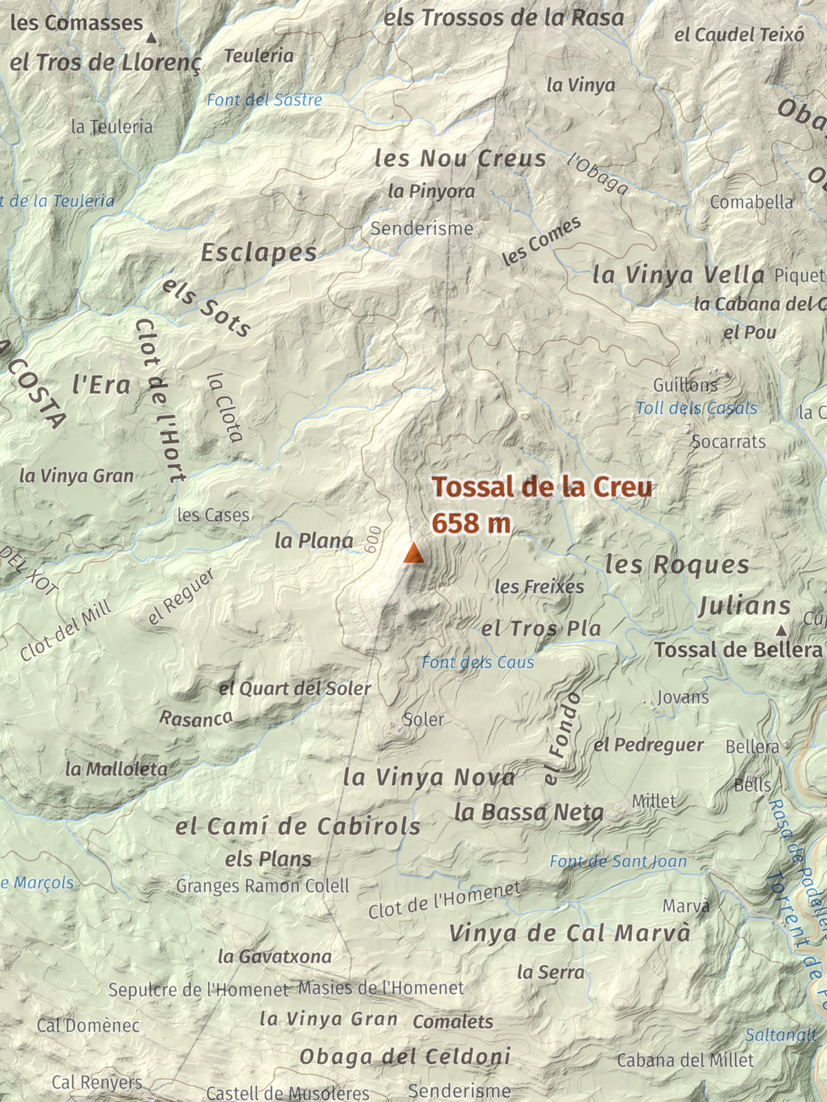 Mapa de relieve de Tossal de la Creu, 658 m, Segarra, lámina 100 Cims de Trobart. Detalle de la zona central. 30 × 40 cm.