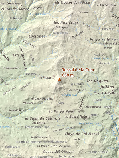 Mapa de relieve de Tossal de la Creu, 658 m, Segarra, lámina 100 Cims de Trobart. Detalle de la zona central. 30 × 40 cm.