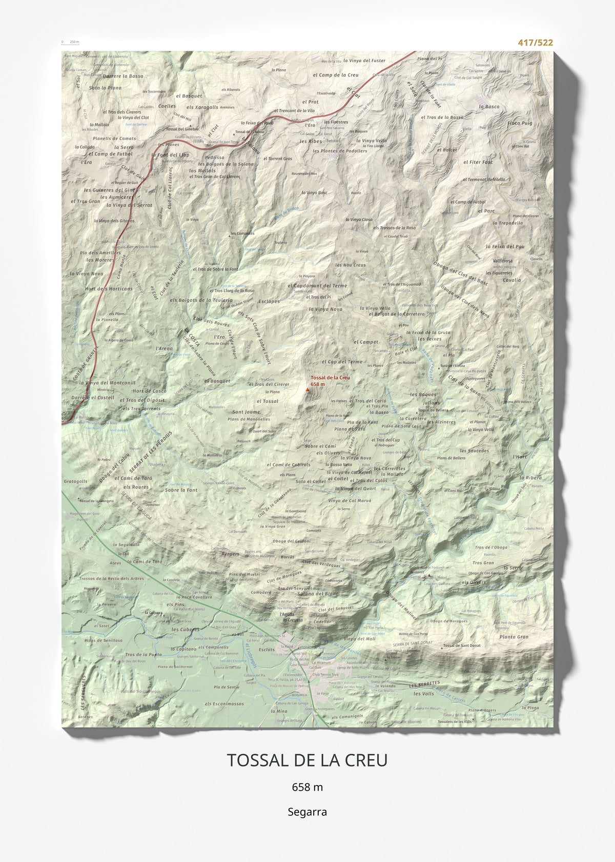 Mapa de relieve de Tossal de la Creu, 658 m, Segarra, lámina 100 Cims de Trobart 50 × 70 cm.