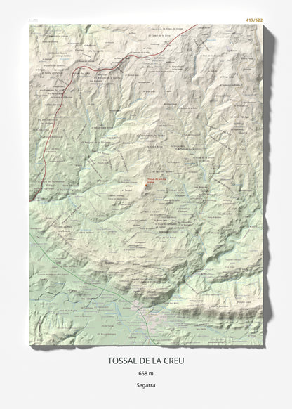 Mapa de relieve de Tossal de la Creu, 658 m, Segarra, lámina 100 Cims de Trobart 50 × 70 cm.