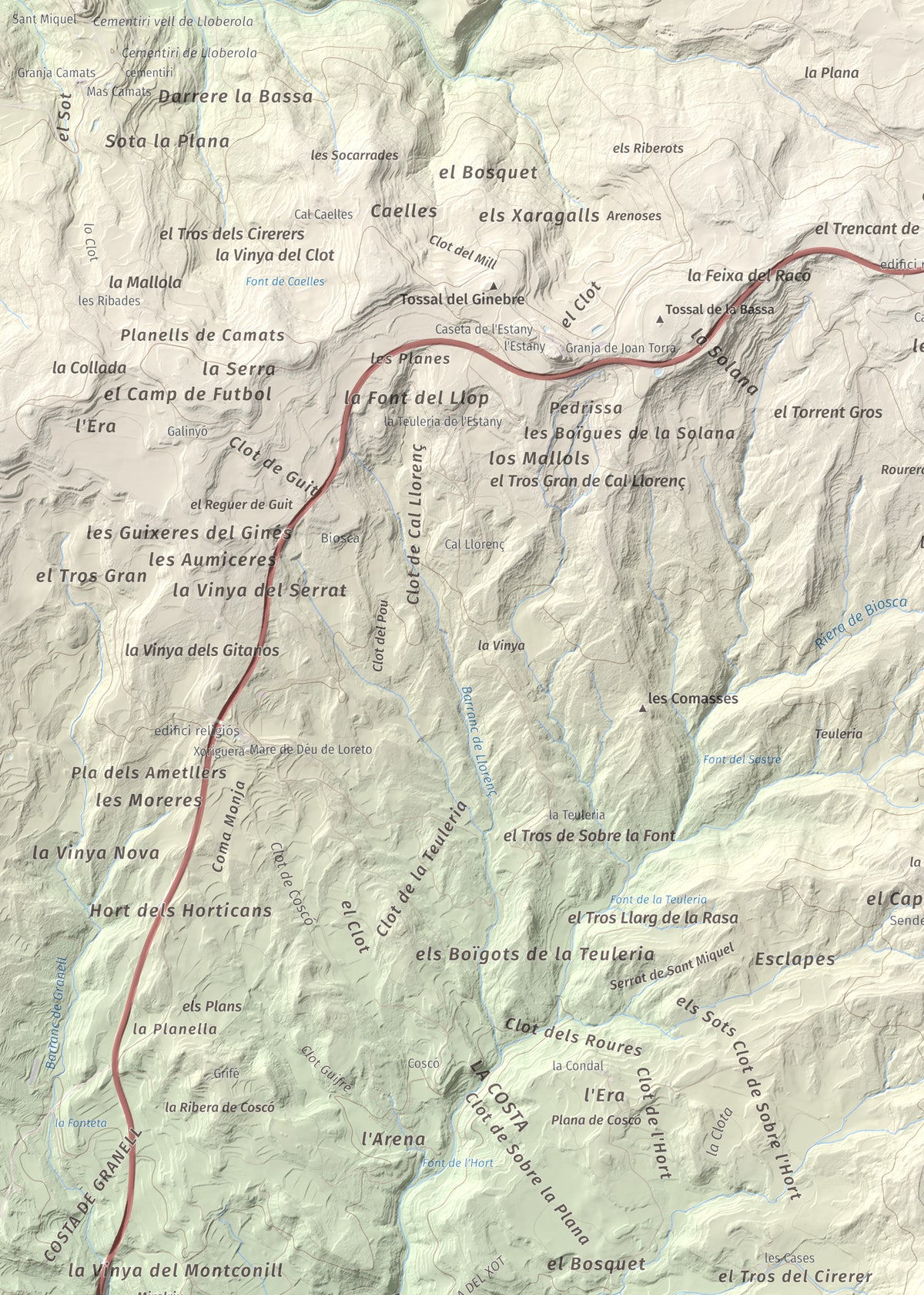 Mapa de relieve de Tossal de la Creu, 658 m, Segarra, lámina 100 Cims de Trobart. Detalle de la zona superior izquierda. 50 × 70 cm.