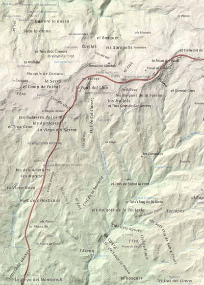 Mapa de relieve de Tossal de la Creu, 658 m, Segarra, lámina 100 Cims de Trobart. Detalle de la zona superior izquierda. 50 × 70 cm.