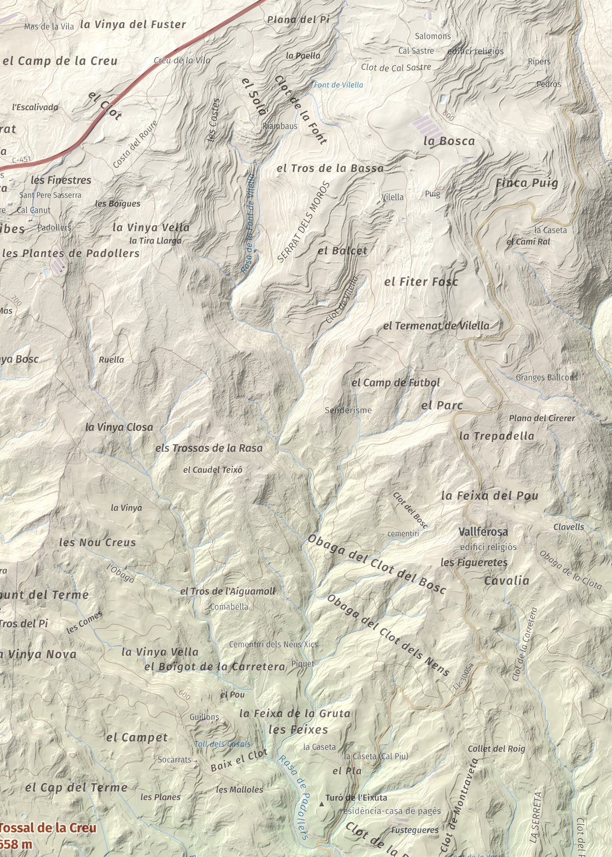 Mapa de relieve de Tossal de la Creu, 658 m, Segarra, lámina 100 Cims de Trobart. Detalle de la zona superior derecha. 50 × 70 cm.