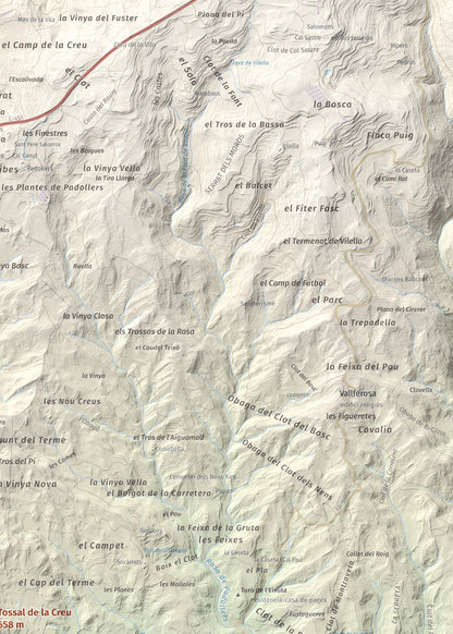Mapa de relieve de Tossal de la Creu, 658 m, Segarra, lámina 100 Cims de Trobart. Detalle de la zona superior derecha. 50 × 70 cm.