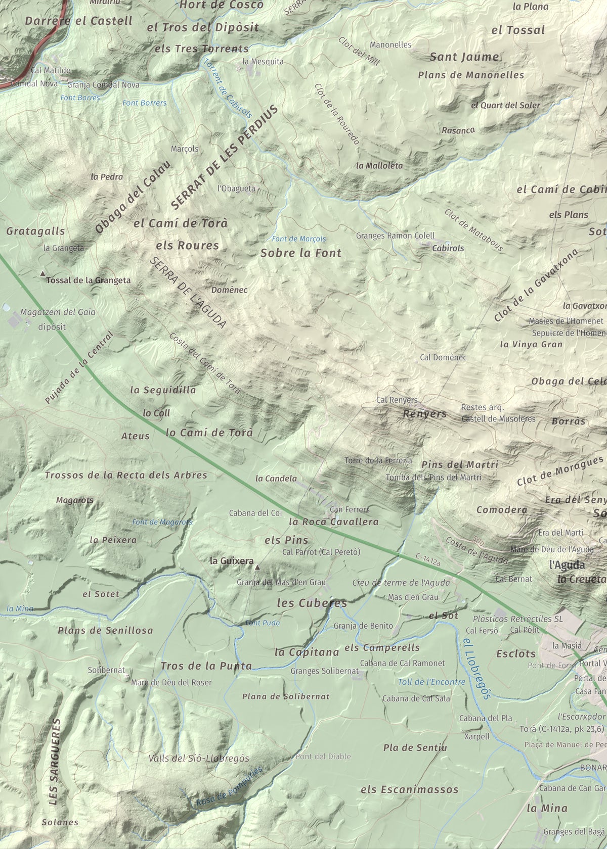 Mapa de relieve de Tossal de la Creu, 658 m, Segarra, lámina 100 Cims de Trobart. Detalle de la zona inferior izquierda. 50 × 70 cm.