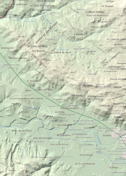 Mapa de relieve de Tossal de la Creu, 658 m, Segarra, lámina 100 Cims de Trobart. Detalle de la zona inferior izquierda. 50 × 70 cm.