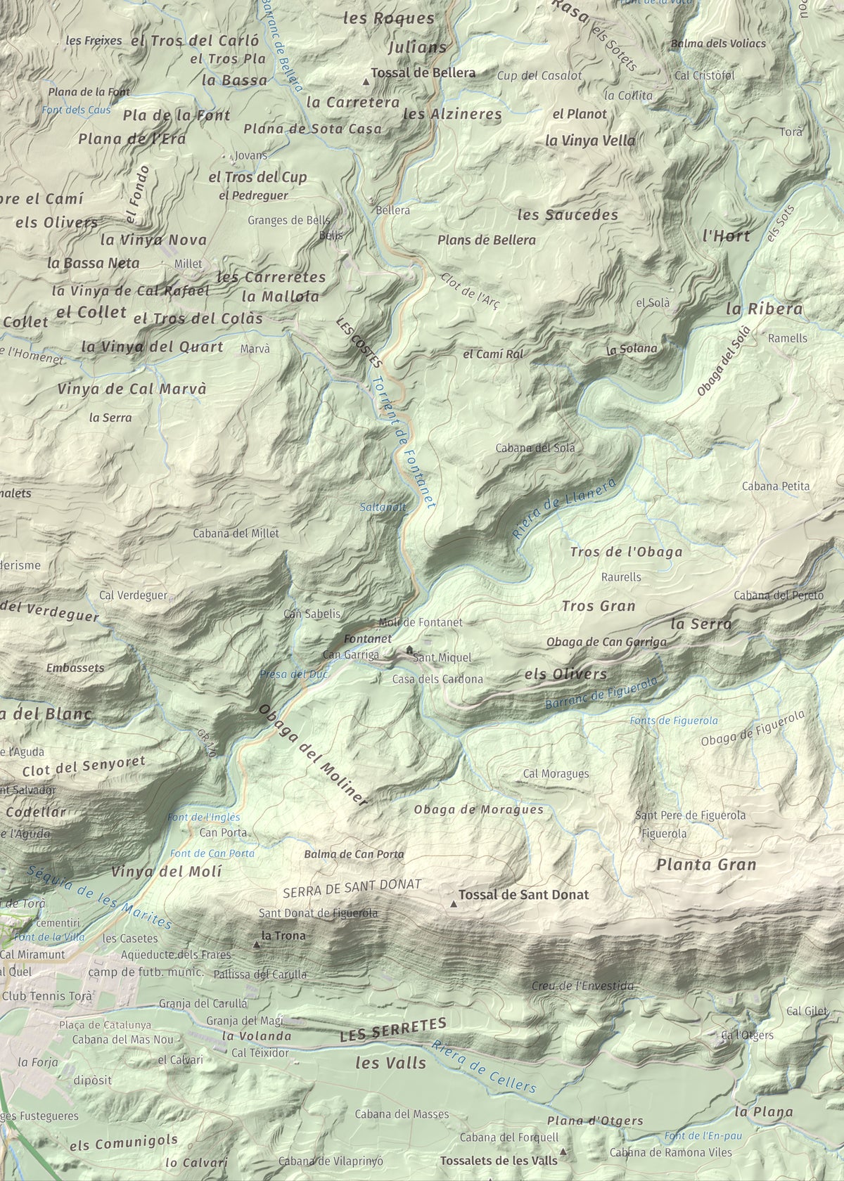 Mapa de relieve de Tossal de la Creu, 658 m, Segarra, lámina 100 Cims de Trobart. Detalle de la zona inferior derecha. 50 × 70 cm.