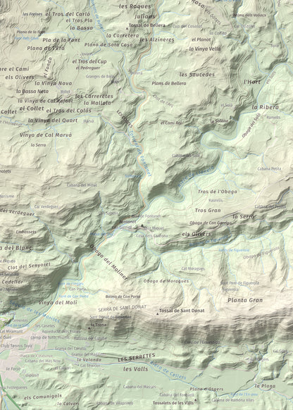 Mapa de relieve de Tossal de la Creu, 658 m, Segarra, lámina 100 Cims de Trobart. Detalle de la zona inferior derecha. 50 × 70 cm.