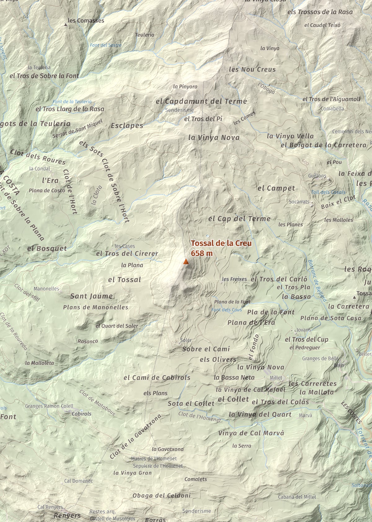 Mapa de relieve de Tossal de la Creu, 658 m, Segarra, lámina 100 Cims de Trobart. Detalle de la zona central. 50 × 70 cm.
