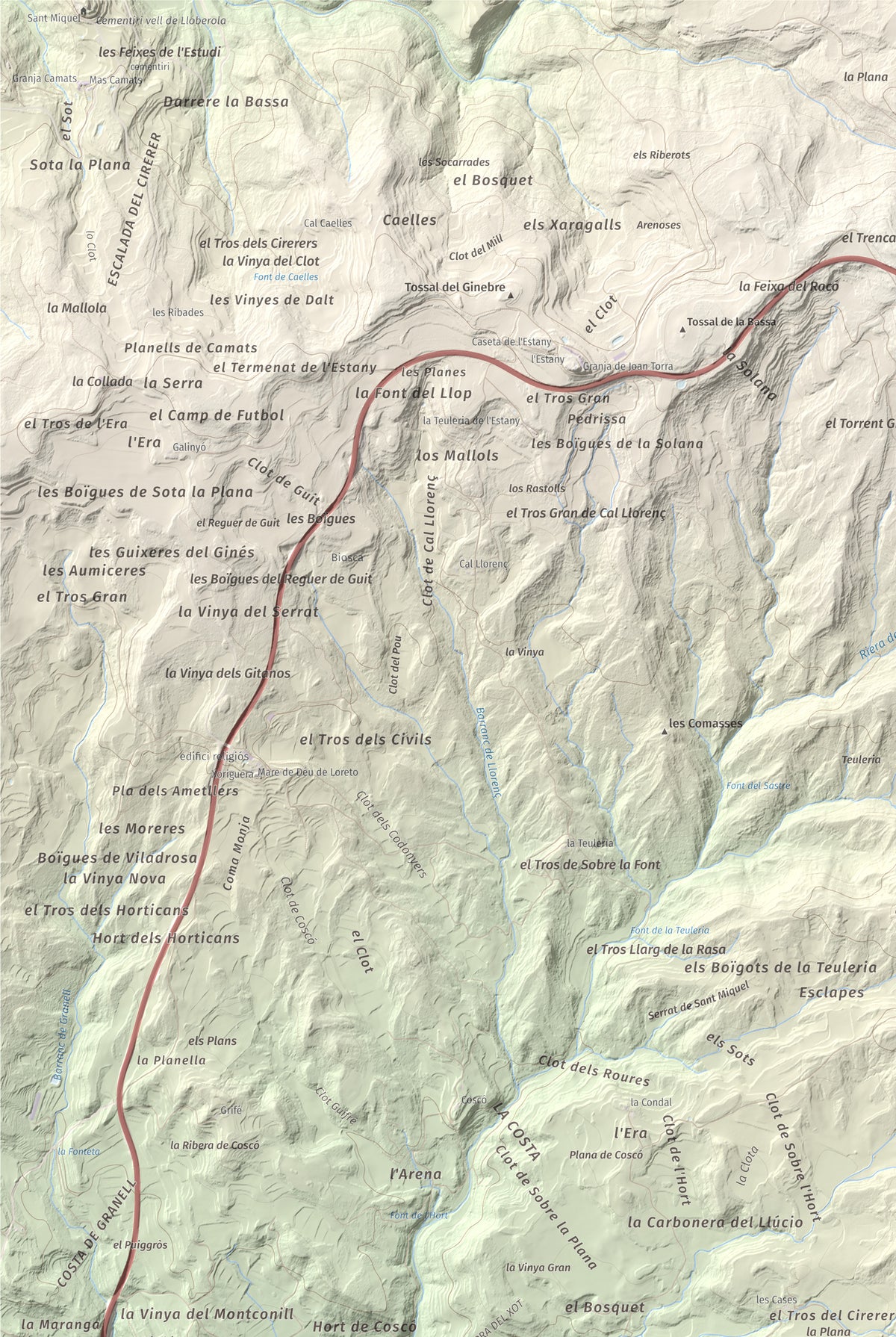 Mapa de relieve de Tossal de la Creu, 658 m, Segarra, lámina 100 Cims de Trobart. Detalle de la zona superior izquierda. 61 × 91 cm.