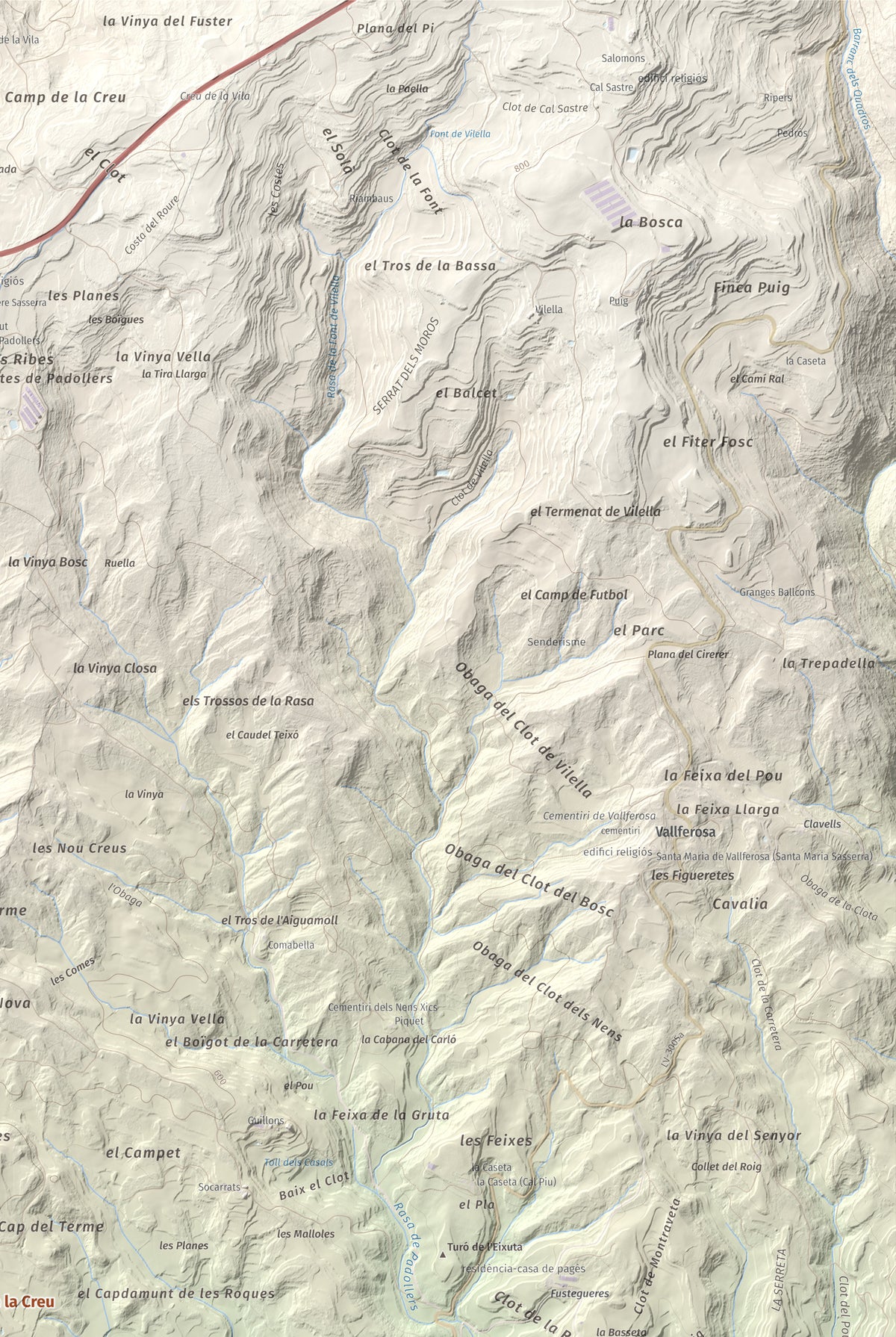 Mapa de relieve de Tossal de la Creu, 658 m, Segarra, lámina 100 Cims de Trobart. Detalle de la zona superior derecha. 61 × 91 cm.