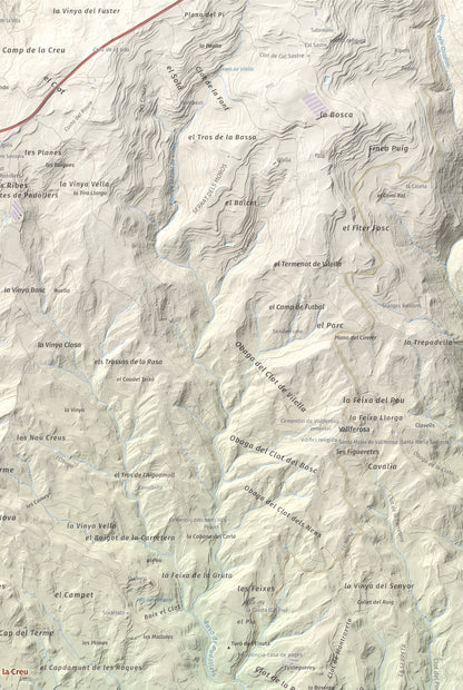 Mapa de relieve de Tossal de la Creu, 658 m, Segarra, lámina 100 Cims de Trobart. Detalle de la zona superior derecha. 61 × 91 cm.