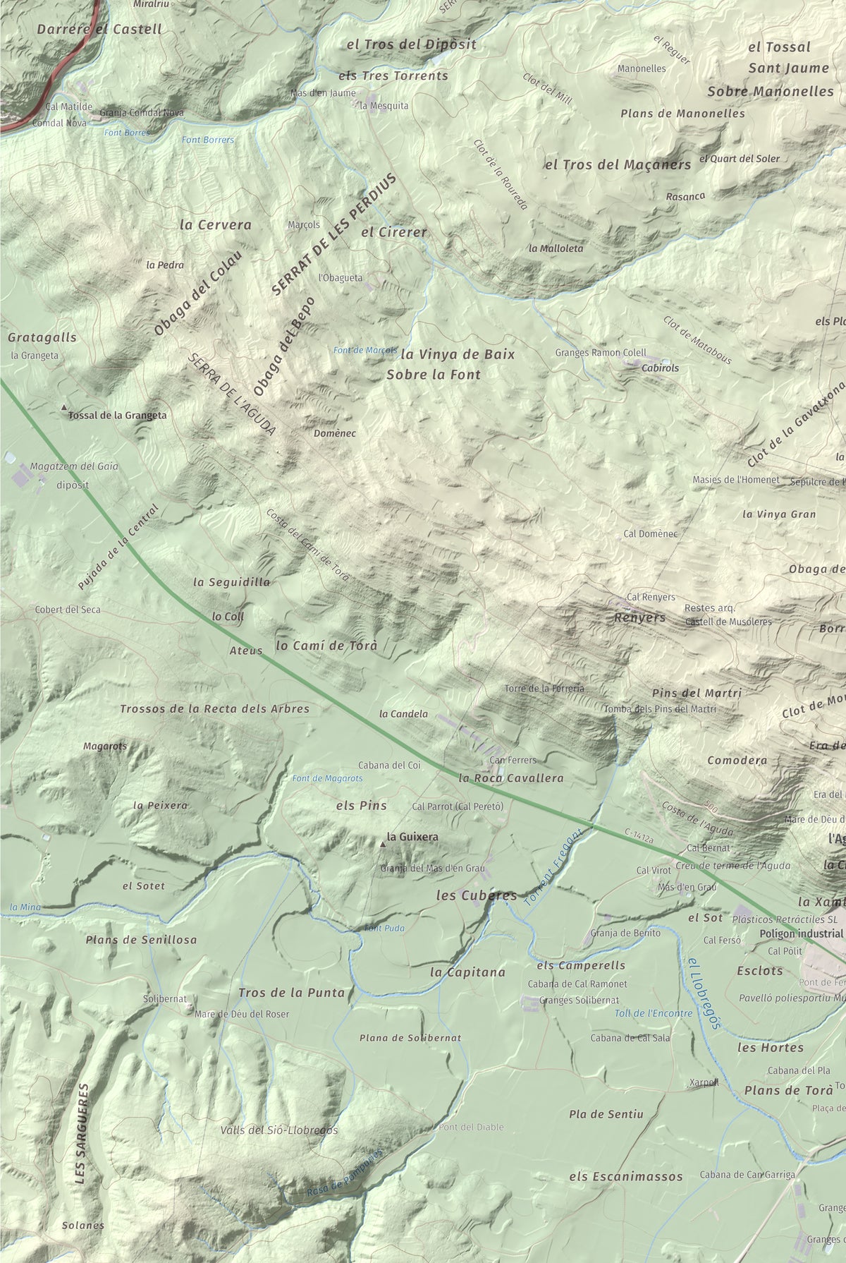 Mapa de relieve de Tossal de la Creu, 658 m, Segarra, lámina 100 Cims de Trobart. Detalle de la zona inferior izquierda. 61 × 91 cm.