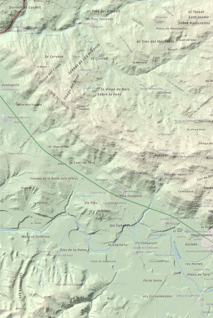 Mapa de relieve de Tossal de la Creu, 658 m, Segarra, lámina 100 Cims de Trobart. Detalle de la zona inferior izquierda. 61 × 91 cm.