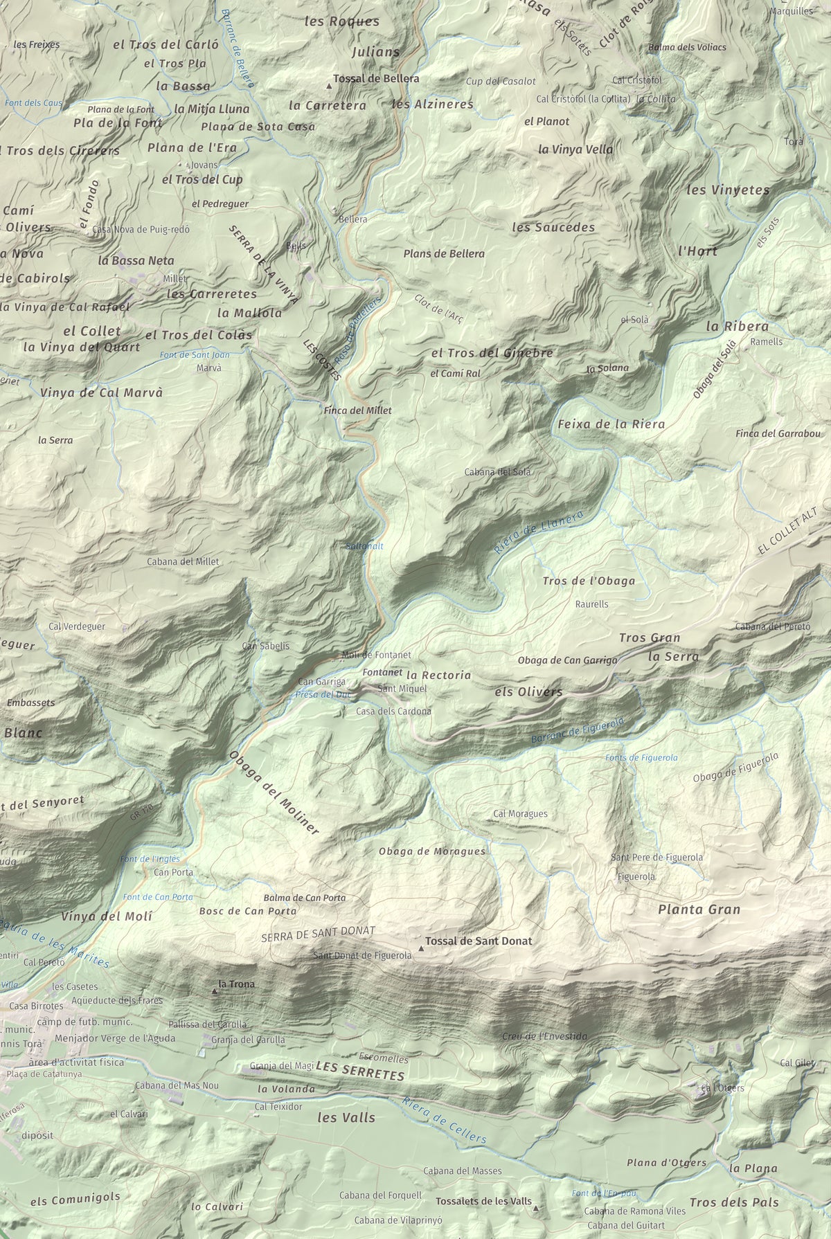 Mapa de relieve de Tossal de la Creu, 658 m, Segarra, lámina 100 Cims de Trobart. Detalle de la zona inferior derecha. 61 × 91 cm.