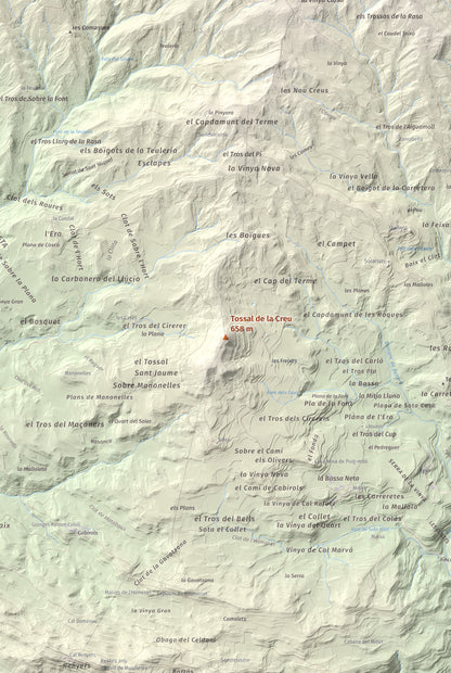 Mapa de relieve de Tossal de la Creu, 658 m, Segarra, lámina 100 Cims de Trobart. Detalle de la zona central. 61 × 91 cm.
