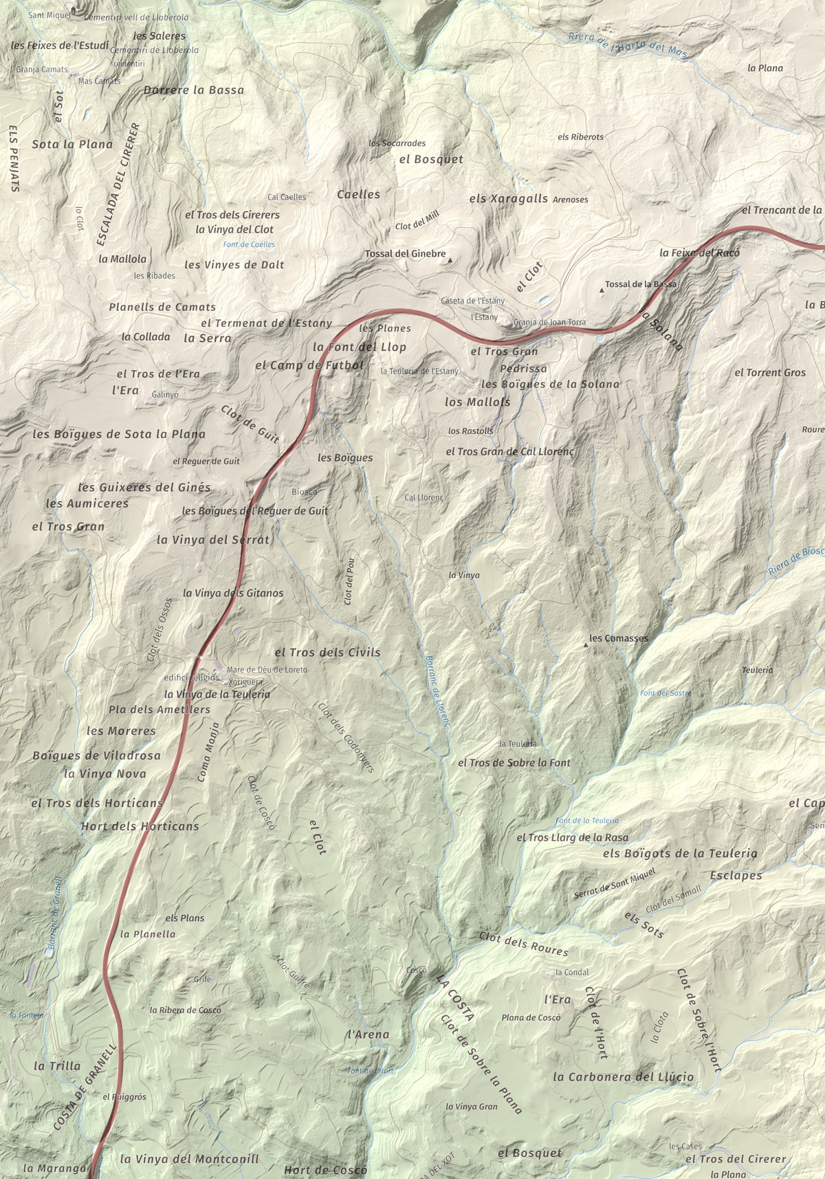 Mapa de relieve de Tossal de la Creu, 658 m, Segarra, lámina 100 Cims de Trobart. Detalle de la zona superior izquierda. 70 × 100 cm.