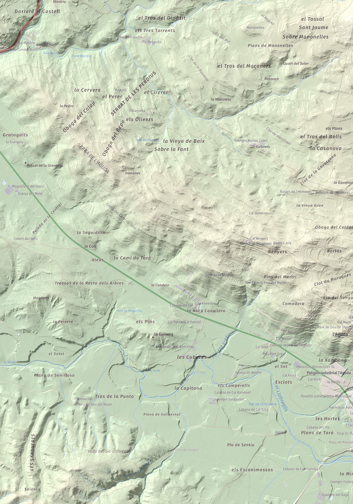 Mapa de relieve de Tossal de la Creu, 658 m, Segarra, lámina 100 Cims de Trobart. Detalle de la zona inferior izquierda. 70 × 100 cm.