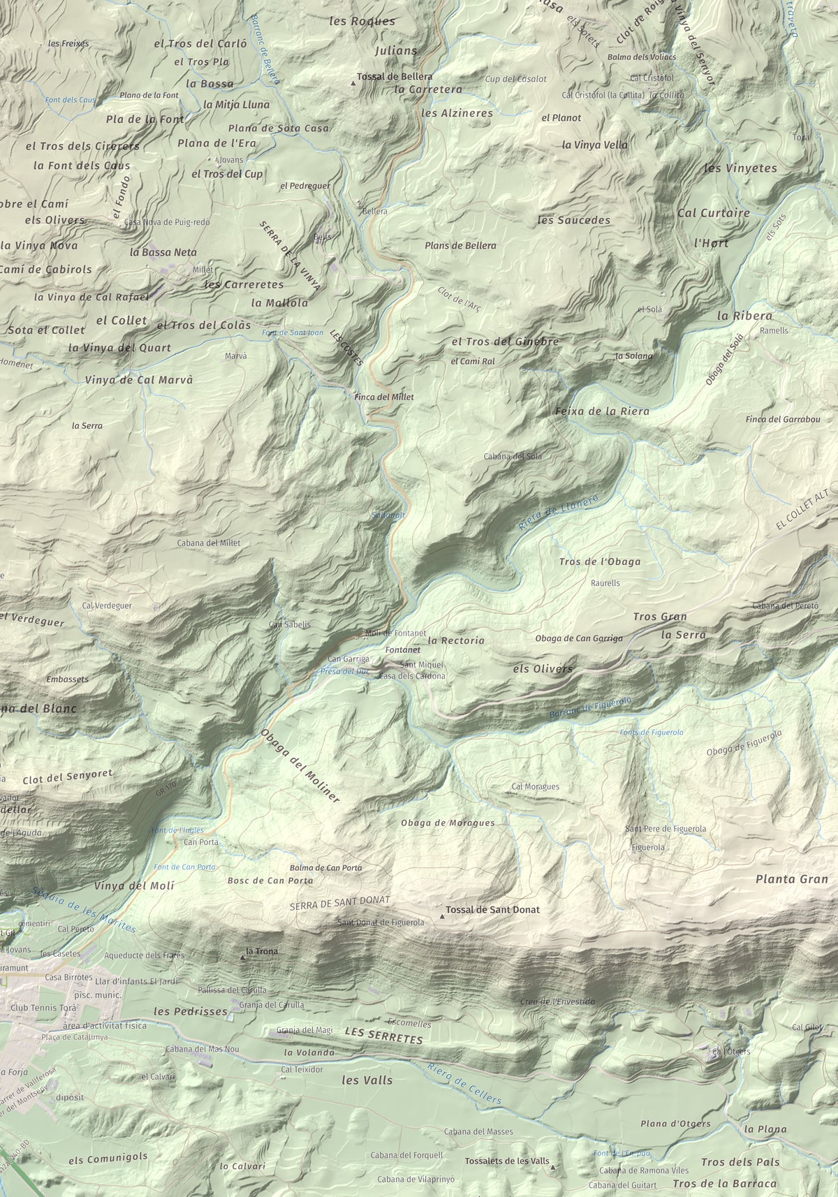 Mapa de relieve de Tossal de la Creu, 658 m, Segarra, lámina 100 Cims de Trobart. Detalle de la zona inferior derecha. 70 × 100 cm.