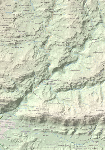 Mapa de relieve de Tossal de la Creu, 658 m, Segarra, lámina 100 Cims de Trobart. Detalle de la zona inferior derecha. 70 × 100 cm.