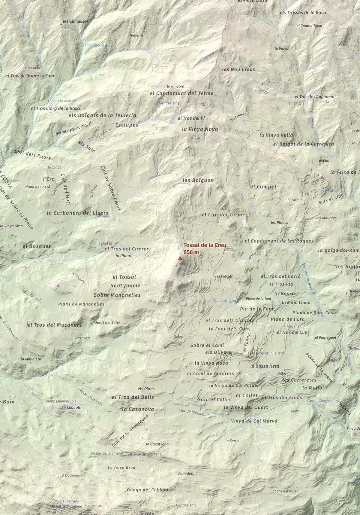 Mapa de relieve de Tossal de la Creu, 658 m, Segarra, lámina 100 Cims de Trobart. Detalle de la zona central. 70 × 100 cm.